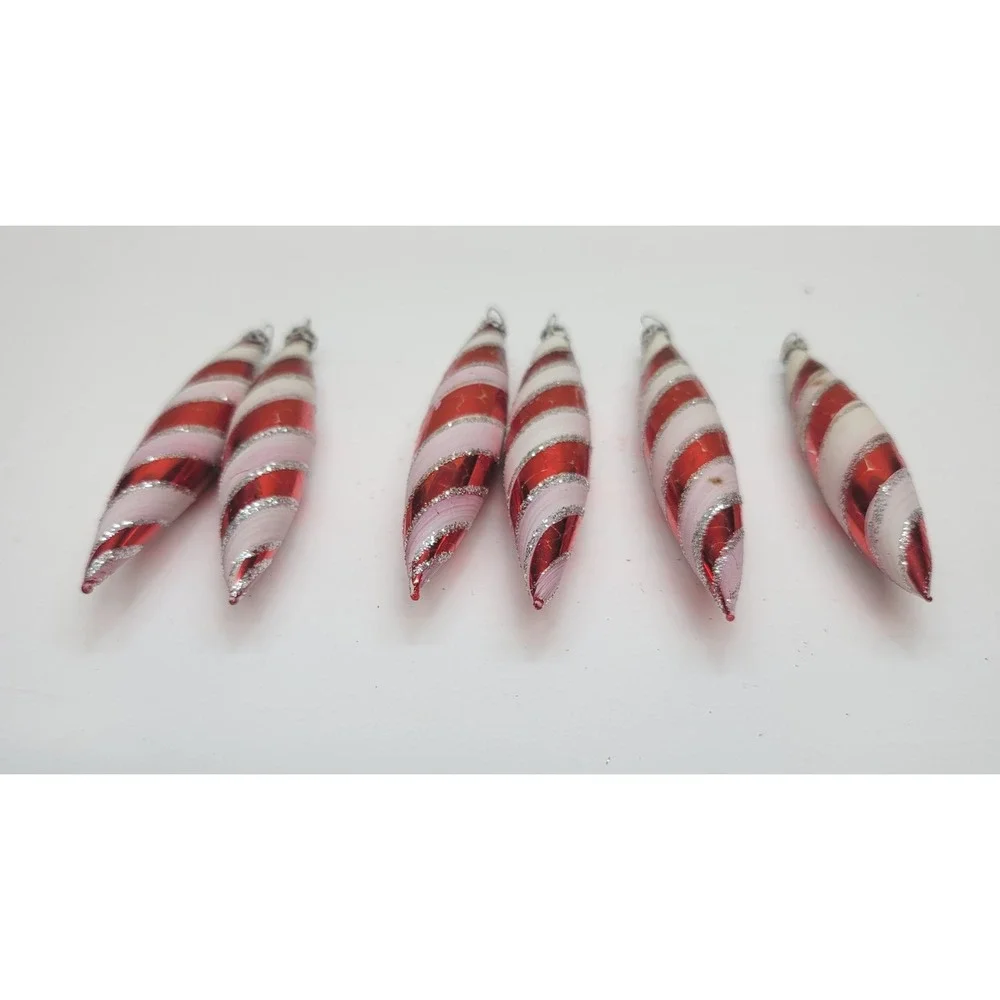 Columbia Red White Candy Cane Striped Glass Icicle Christmas Ornaments Set of 6